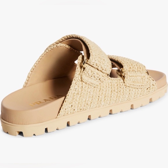 Prada Fussbett Raffia Double Band Tan Woven Slide Sandals - Picture 2 of 16